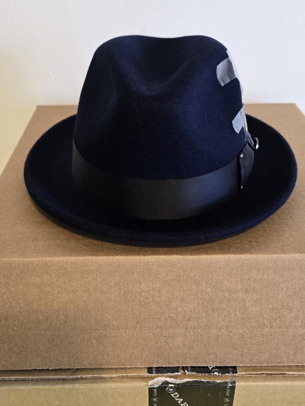 Navy Wool Felt Fedora with Black Grosgrain Band